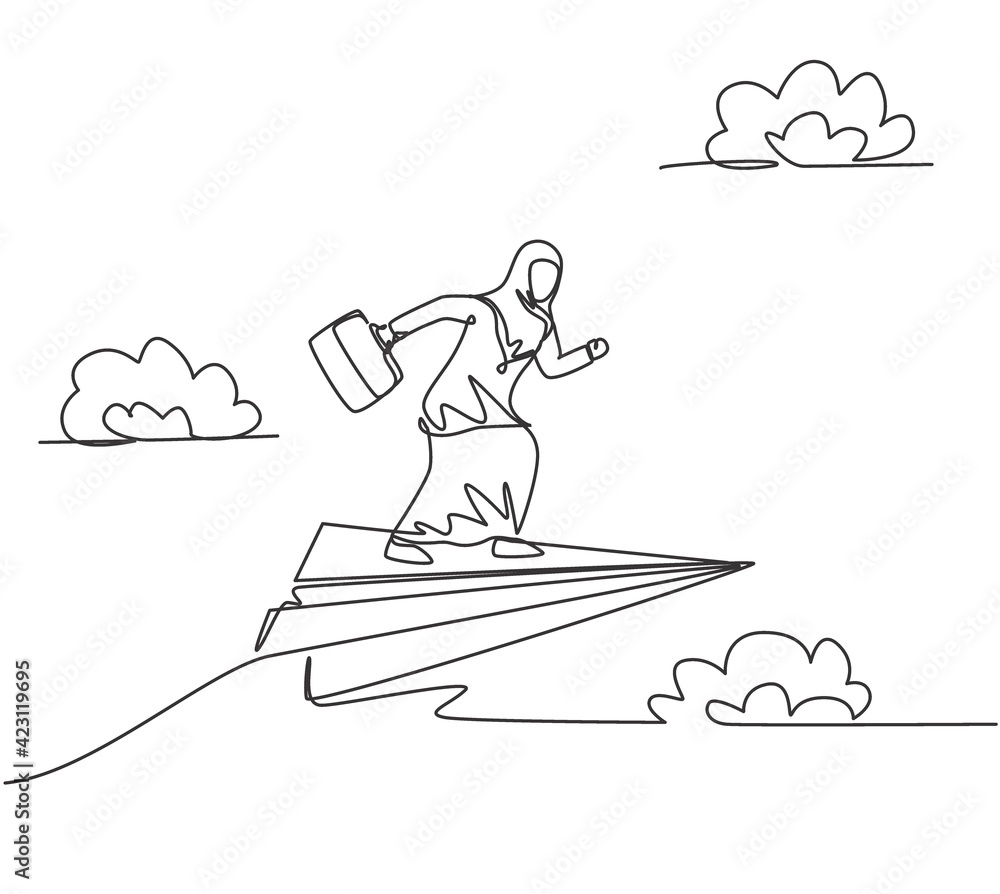 Single one line drawing of young Arab business woman ready to run on flying paper plane. Business challenge. Minimal metaphor concept. Modern continuous line draw design graphic vector illustration