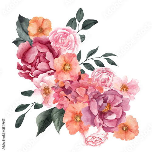 Fototapeta Naklejka Na Ścianę i Meble -  Watercolor bouquet with pretty flowers and leaves, isolated on white background, for wedding invitations, birthday and more 