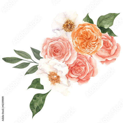 Watercolor bouquet with pretty flowers and leaves  isolated on white background  for wedding invitations  birthday and more 