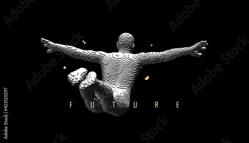 Freedom  leadership or development concept. Jumping sportsman. The man flies away to his goal. Voxel art. 3D vector illustration.