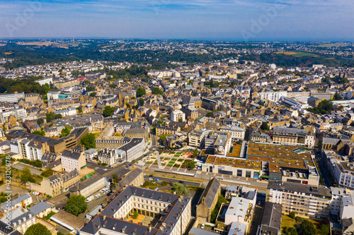 Urban view from drone of houses of Saint-Brieuc town at sunny summer day, France