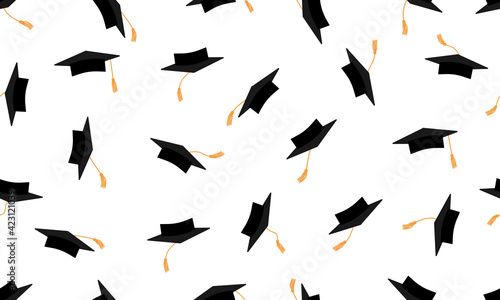 Throwing black square academic caps or mortarboards with yellow tassel, seamless pattern. Vector illustration.