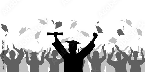 Graduation ceremony. Cheerful Graduate in mantle and mortarboard with diploma on background of crowd people throwing square academic cap. Vector illustration
