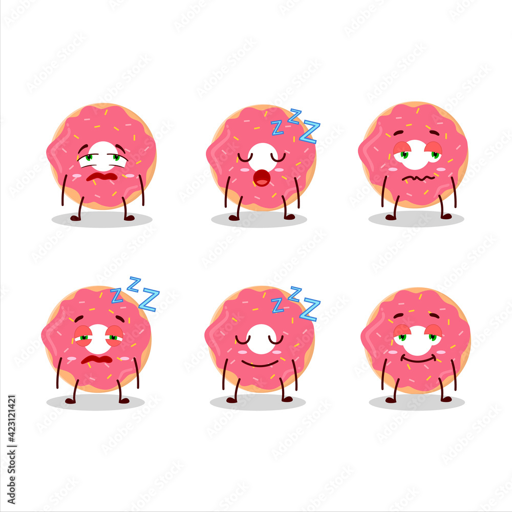 Cartoon character of strawberry donut with sleepy expression
