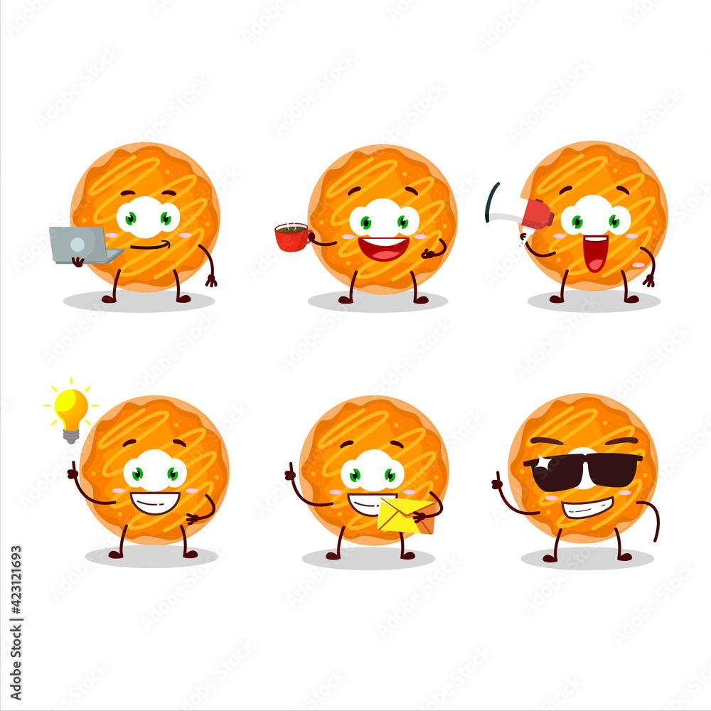 Orange cream donut cartoon character with various types of business emoticons