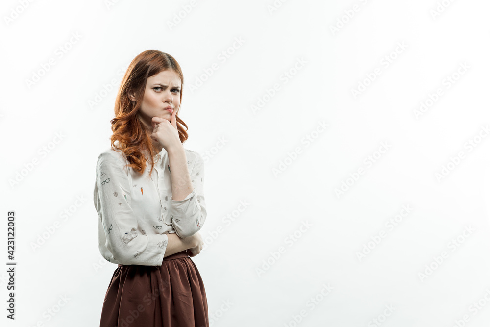 cheerful red-haired woman holding hands in front of her lifestyle Copy Space cheerful red-haired woman holding hands in front of her lifestyle Copy Space