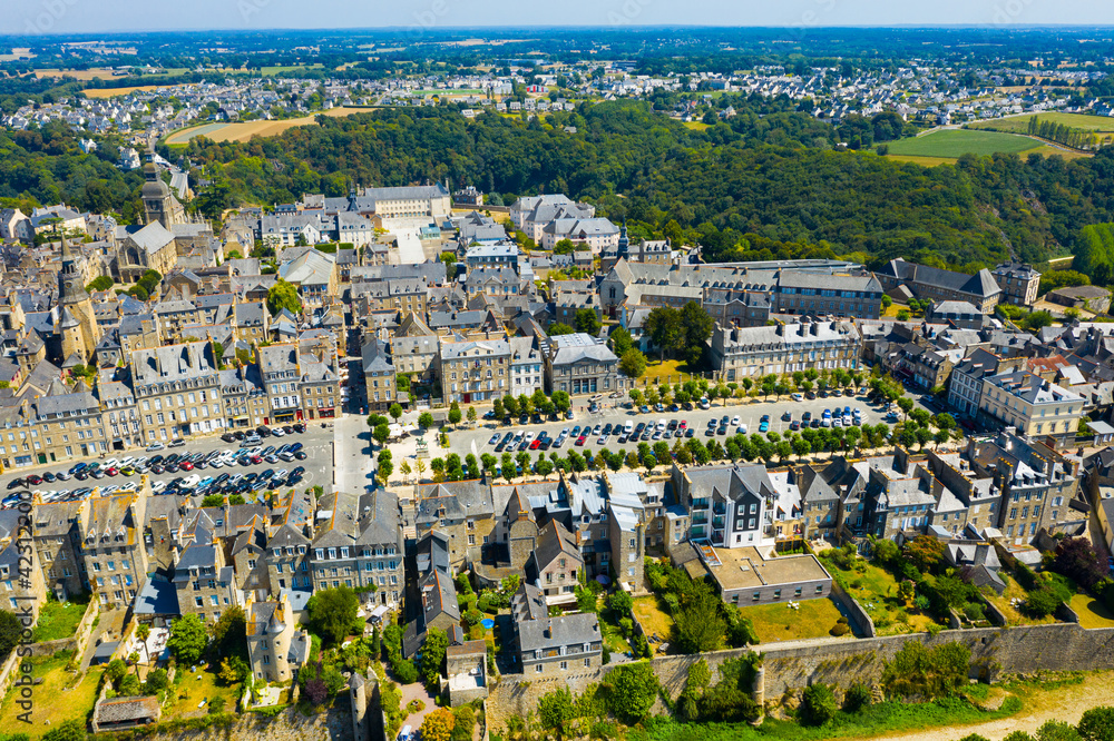 Aerial view of Dinan commune with modern and medieval buildings, Brittany, northwestern France
