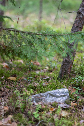 A plastic bottle lies in the middle of the forest. Contamination of the environment with human waste.