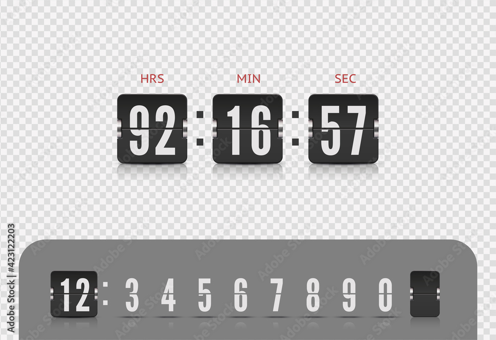 Vector modern ui design of retro time meter with numbers. Old design scoreboard clock template isolated on transparent background. Score board number font with reflections. Vector modern ui design of retro time meter with numbers. Old design scoreboard clock template isolated on transparent background. Score board number font with reflections.