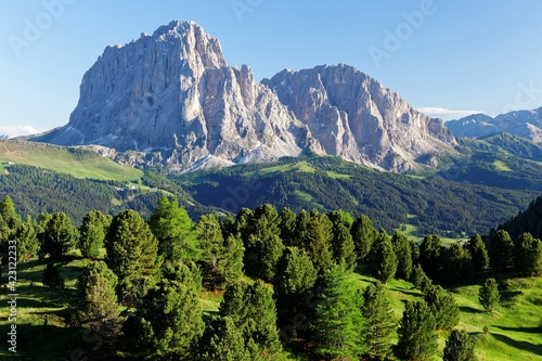 Summer scenery of rugged Sassolungo-Sassopiatto mountains with green forests at the foothills under sunny sky in Col Raiser (Ortisei), Val Gardena, Dolomiti Natural Park, South Tyrol, Italy, Europe  © AaronPlayStation