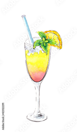 Hand drawn watercolor drink. Glass with cocktail