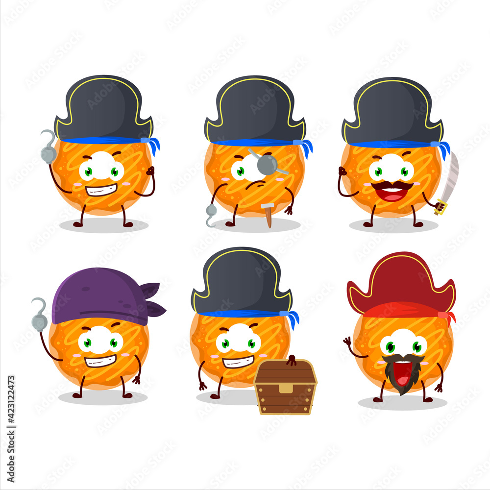 Cartoon character of orange cream donut with various pirates emoticons