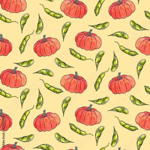 Hand drawn watercolor seamless pattern with vegetables. Pumpkin and soy