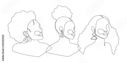 Set of Line art portrait African American women. Continuous one line drawing woman face isolated on white for logo, banner, prints, tattoos, posters. Different Afro hairstyle. Vector illustration