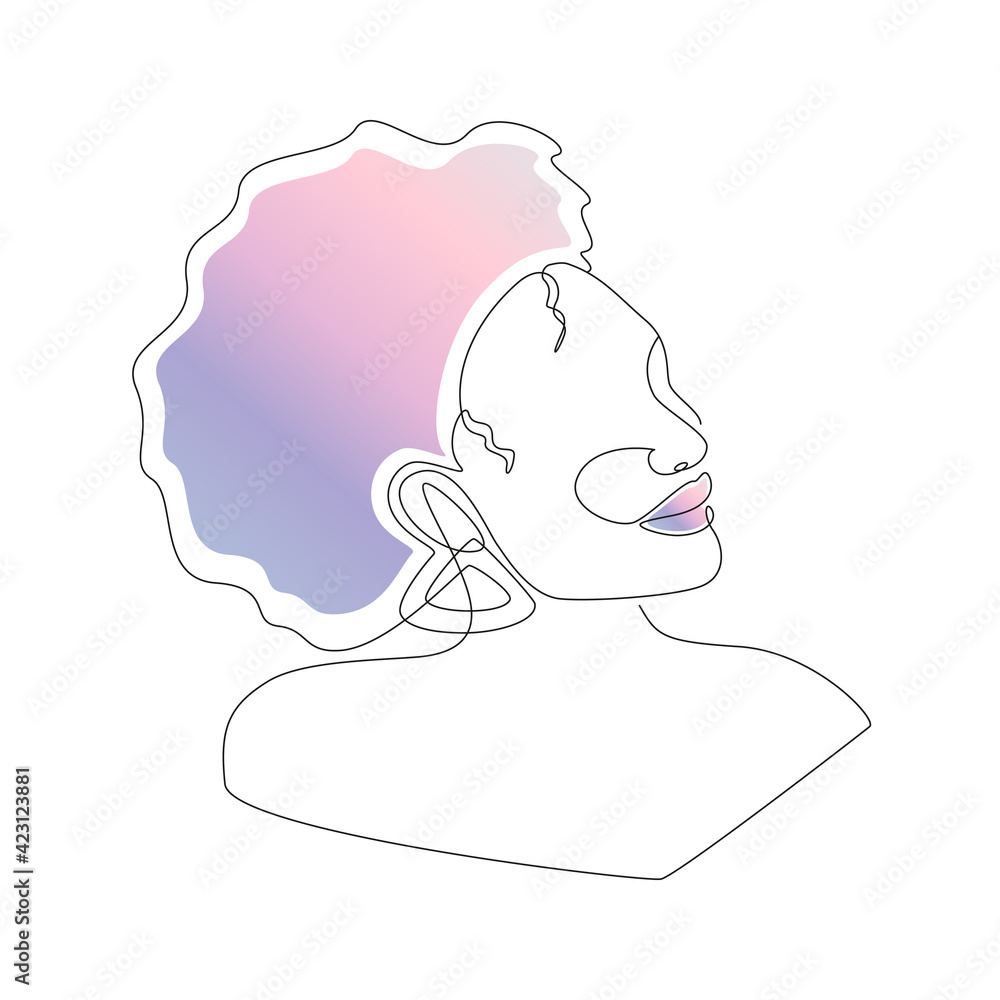 Obraz premium Line art portrait of African American woman with afro hairstyle. Continuous one line drawing woman face with abstract gradient shape in retro style for logo, banner, print, tattoo, poster. Vector