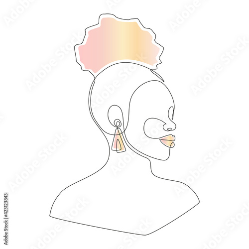 Line art portrait of African American woman with afro hairstyle. Continuous one line drawing woman face with abstract gradient shape in modern style for logo, banner, print, tattoo, poster. Vector