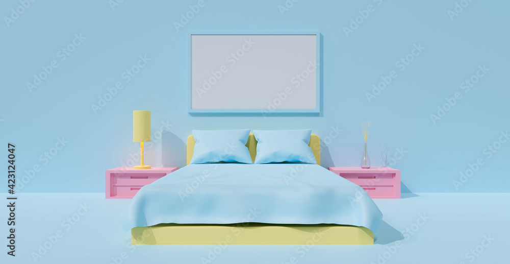 3d render of cute bedroom wall background. Pastel bed in room ...