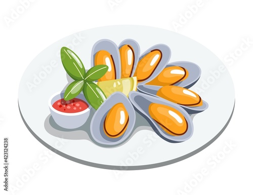Opened mussels clam dinner on plate. Cooked oysters with red spicy sauce, lemon and basil. Cartoon vector seafood illustration.