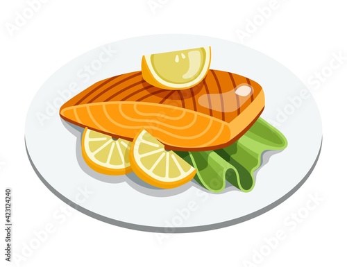 Grilled salmon fillet fish on plate. Cooked tuna steak with lemon and lettuce leaves. Cartoon vector seafood illustration.