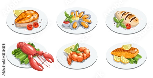 Fototapeta Naklejka Na Ścianę i Meble -  Seafood meals set in cartoon style. Squid, shrimp, calamari, fish, mussels with lemon, green salad and tomatoes on plate. Isolated vector illustration.