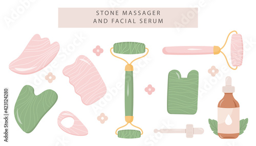 Set of Rose Quartz Gua Sha and natural Jade roller. Scraping massage tool. Natural pink and green stone scraper in different shapes. Serum face oil bottle with dropper. Trendy skin care. Vector flat.