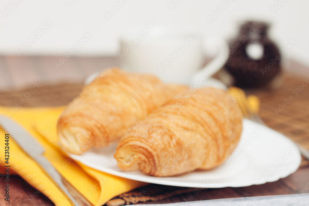 fresh croissants on the table coffee cup breakfast meal fresh croissants on the table coffee cup breakfast meal