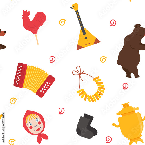 Seamless pattern of Russia folk elements. Doll face, samovar, bubliki, rooster candy lollipop and balalaika texture. Russian accordion bayan, bear and felt boots. Vector flat illustration on white.