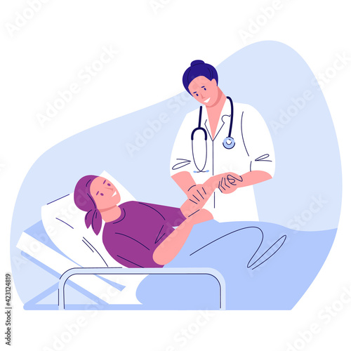 Woman with cancer in bed at the hospital. The oncologist is standing next to her and holding her hand. Awareness lavender ribbon. Oncology treatment concept. Vector illustration. Flat style.