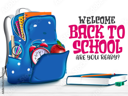 Back to school vector banner design. Welcome back to school text with student bag backpack element and education supplies for educational knowledge background. Vector illustration 
