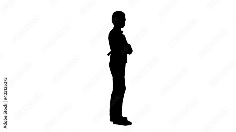 Silhouette Little boy in a bow tie standing with crossed arms and looking up thinking. Silhouette Little boy in a bow tie standing with crossed arms and looking up thinking.