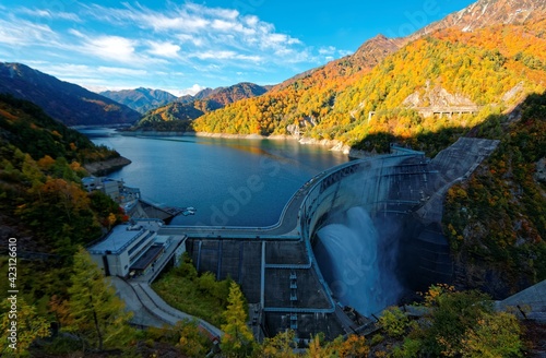 Autumn scenery of a dam in Tateyama Kurobe Alpine Route, Japan with colorful foliage on lakeside mountains & an awesome view of water release ~ Scenic view of beautiful Kurobe Dam with water discharge