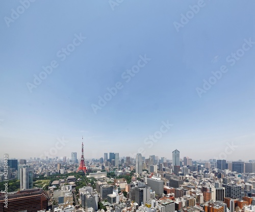Beautiful city skyline of Downtown Tokyo  with the famous landmark Tokyo Tower standing tall among crowded skyscrapers under blue sunny sky in Tokyo  Japan   Aerial view of busy Tokyo Downtown