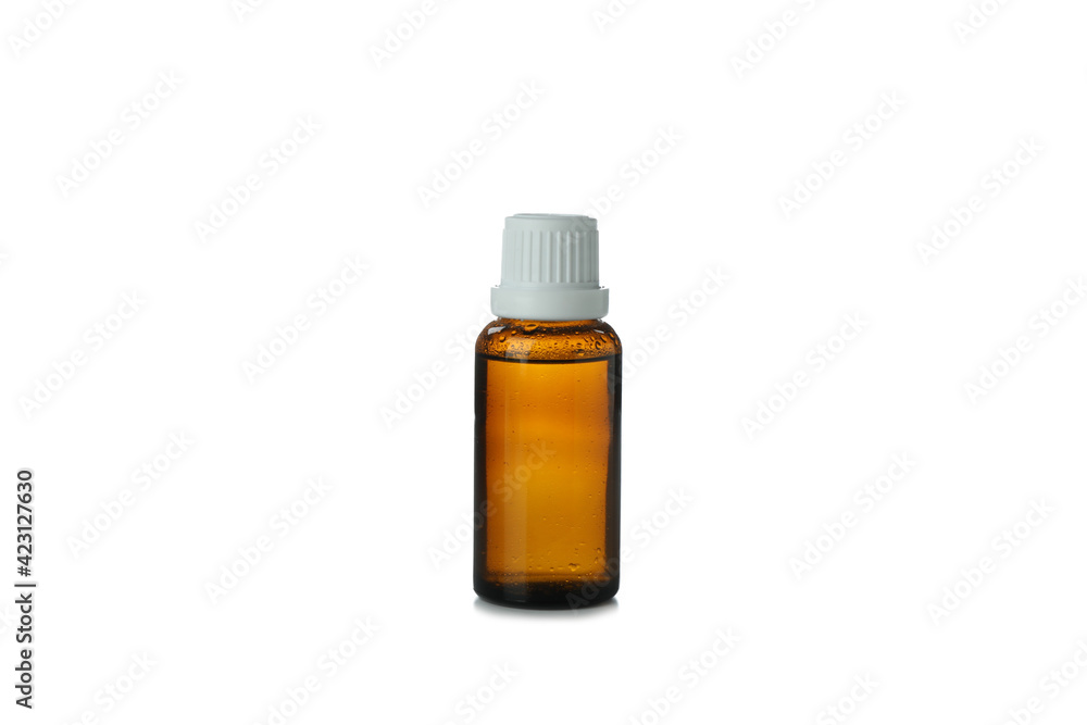 Eucalyptus essential oil in brown bottle isolated on white background
