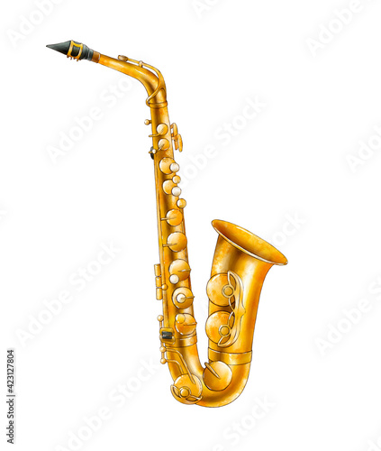 Canvas Print Watercolor golden saxophone on white background