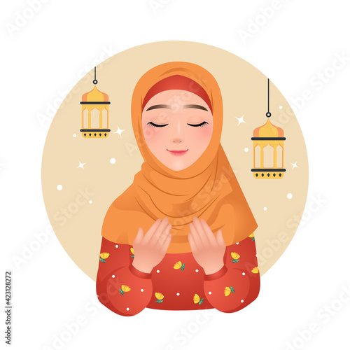 Pretty muslim woman in hijab in praying pose. Ramadan Kareem clip art. Vector design isolated
