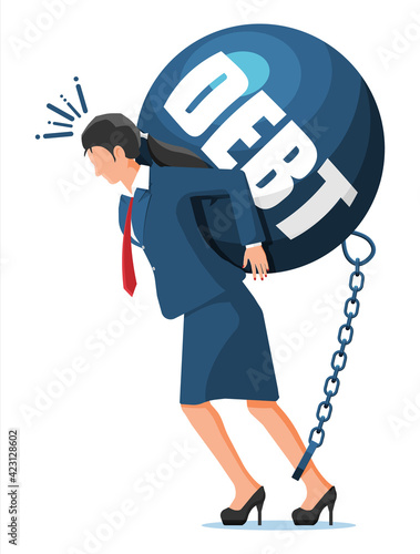 Businesswoman chained to big heavy debt weight