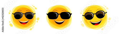 Funny sun. Yellow Cute sunshine set. Childish sun joy. Smiling sun with sunbeams cartoon character.
