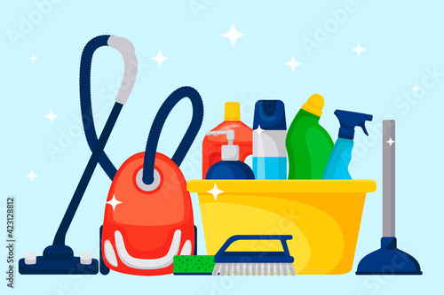 Cleaning service. Vector concept with household supplies and cleaning products for banner, website, infographic, cleaning. Sanitary and chemical products.