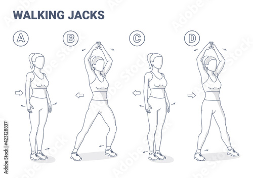 Walking Jacks Exercise Women Workout Guidance. Side Steps with Hands Raise young female Illustration.