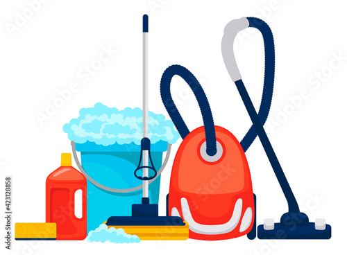 Cleaning service. Vector concept with household supplies and cleaning products for banner, website, infographic, cleaning. Sanitary and chemical products.