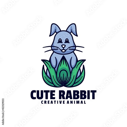 Vector Logo Illustration Cute Rabbit Mascot Cartoon Style.