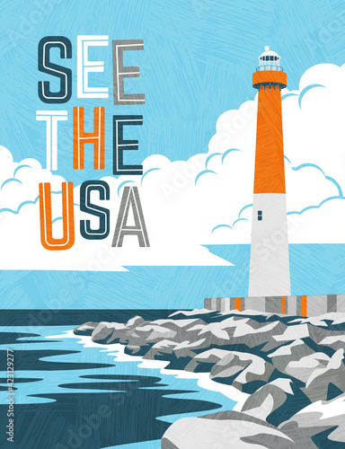 Retro travel poster design of lighthouse and rocky coast. For poster, banner, travel sticker. Vector illustration.