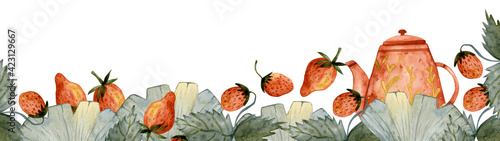 Watercolor Borderof hand painted strawberries and green leaves. Large set of watercolor elements for a tea party..