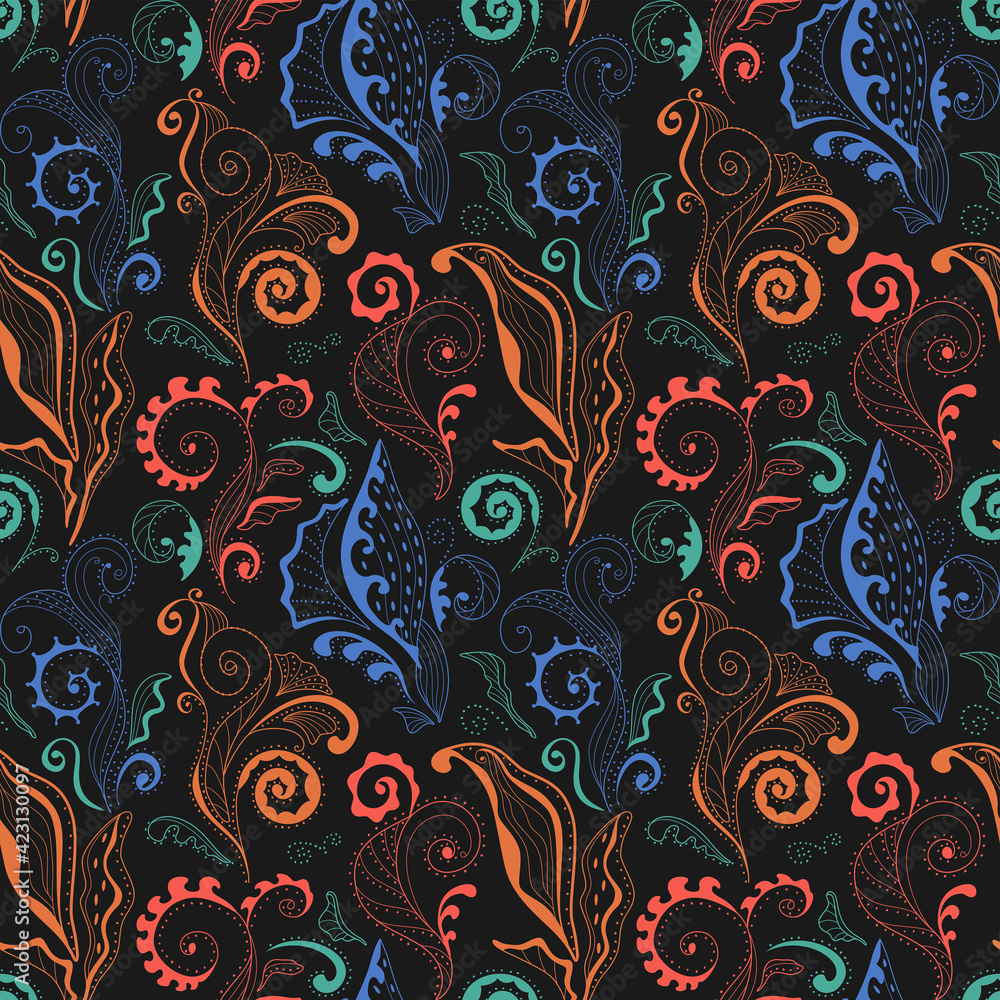 Seamless pattern with magic flowers and leaves. Seamless pattern with magic flowers and leaves.