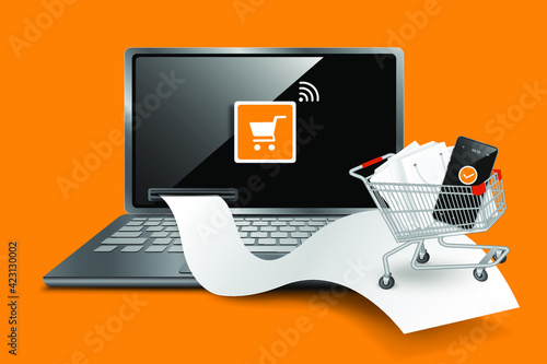 Receipt paper comes out of shopping through the app and shopping online via laptop computer and smartphone application, vector digital marketing concept design