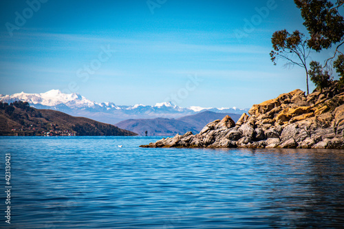 lake titicaca with andes in background, bolivian side, bolivia, peru photo