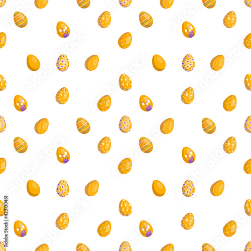 Happy Easter seamless pattern with eggs. The symbol of the Christian Spring Holiday. Festive decoration drawn in red and orange colours with abstract elements on a white background. Vector graphics