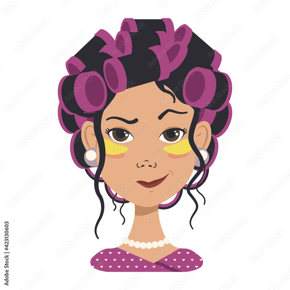 Obraz premium Avatars with different emotions. Girl with pink curlers and yellow patches. Fashion avatar in flat vector art