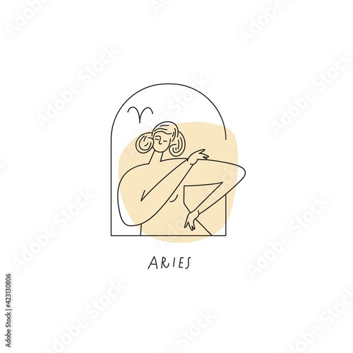Aries zodiac sign icon. Stylized woman drawn with lines. Vector illustration