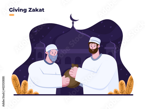 People giving zakat to old man at ramadan month. Give charity to the other person. Almsgiving illustration. Giving food or zakat to people. Zakat for poor people. Ramadan month activities. eid al fitr